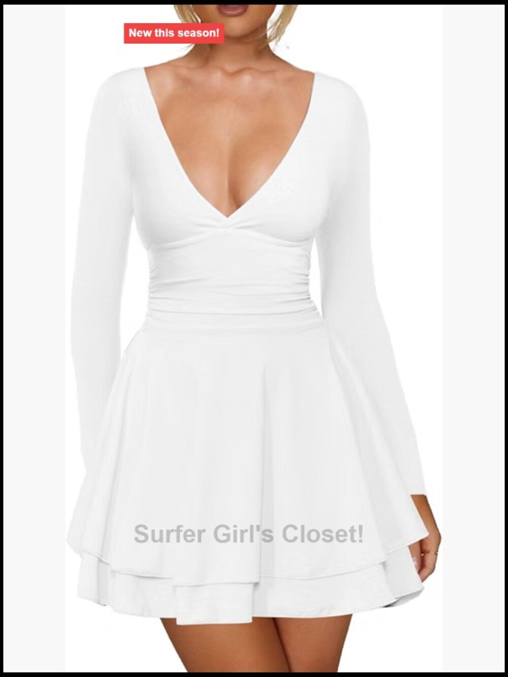 Women's Sexy Long Sleeve Flowy A-Line Mini Party Dress Ruffle Hem V-Neck